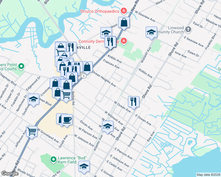 map of restaurants, bars, coffee shops, grocery stores, and more near 110 Buffalo Avenue in Somers Point