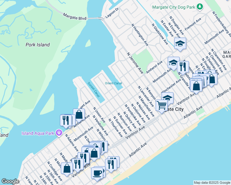 map of restaurants, bars, coffee shops, grocery stores, and more near 305 North Pembroke Avenue in Margate City