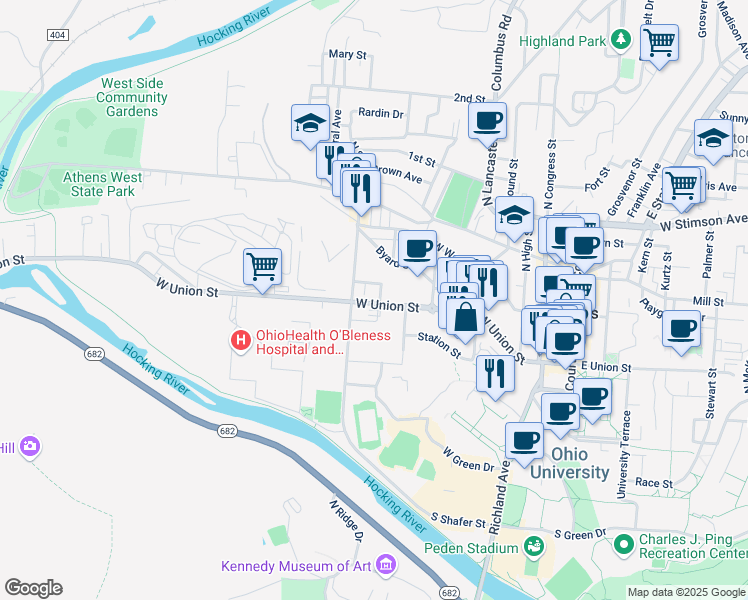 map of restaurants, bars, coffee shops, grocery stores, and more near 11 Coulson Street in Athens