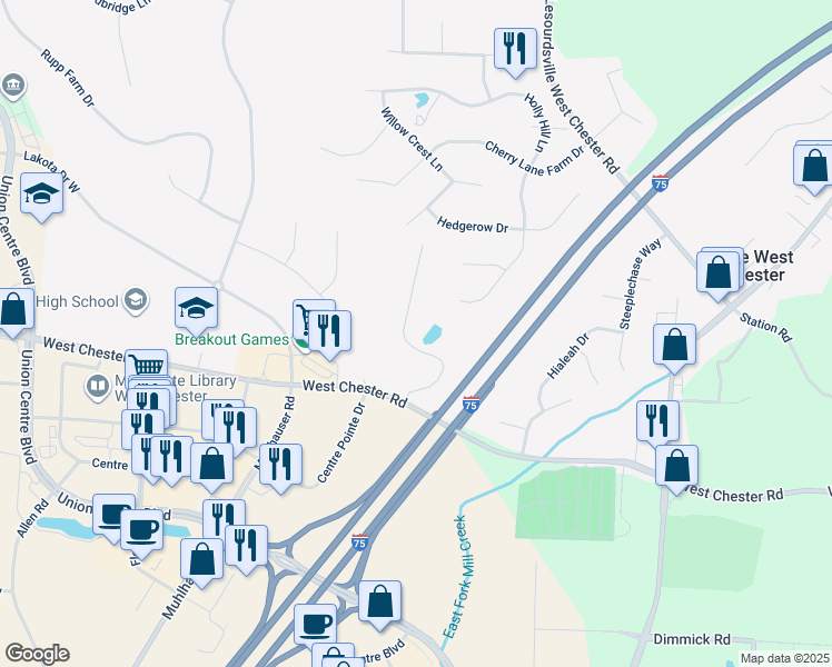map of restaurants, bars, coffee shops, grocery stores, and more near 8900 Eagleview Drive in Beckett Ridge