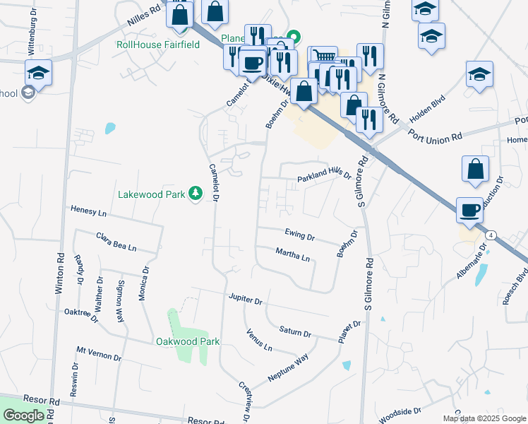 map of restaurants, bars, coffee shops, grocery stores, and more near 5341 Boehm Drive in Fairfield