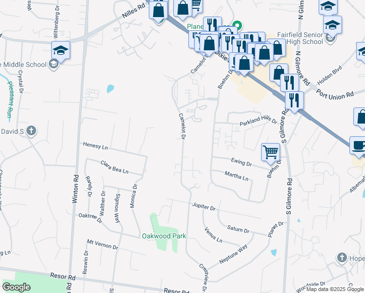 map of restaurants, bars, coffee shops, grocery stores, and more near 5380 Camelot Drive in Fairfield