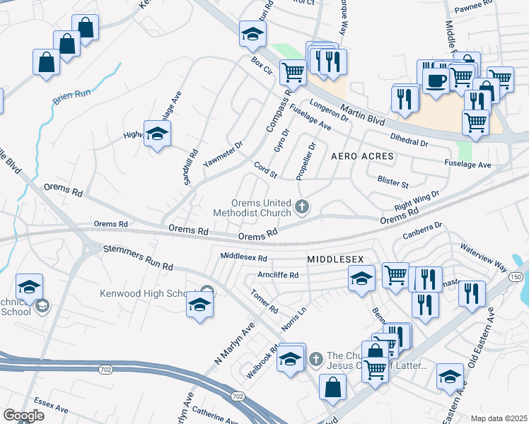 map of restaurants, bars, coffee shops, grocery stores, and more near 110 Judywood Lane in Essex