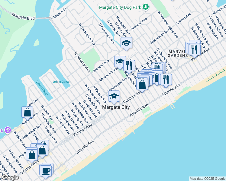 map of restaurants, bars, coffee shops, grocery stores, and more near 27 North Iroquois Avenue in Margate City