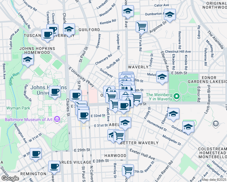 map of restaurants, bars, coffee shops, grocery stores, and more near 314 Birkwood Place in Baltimore