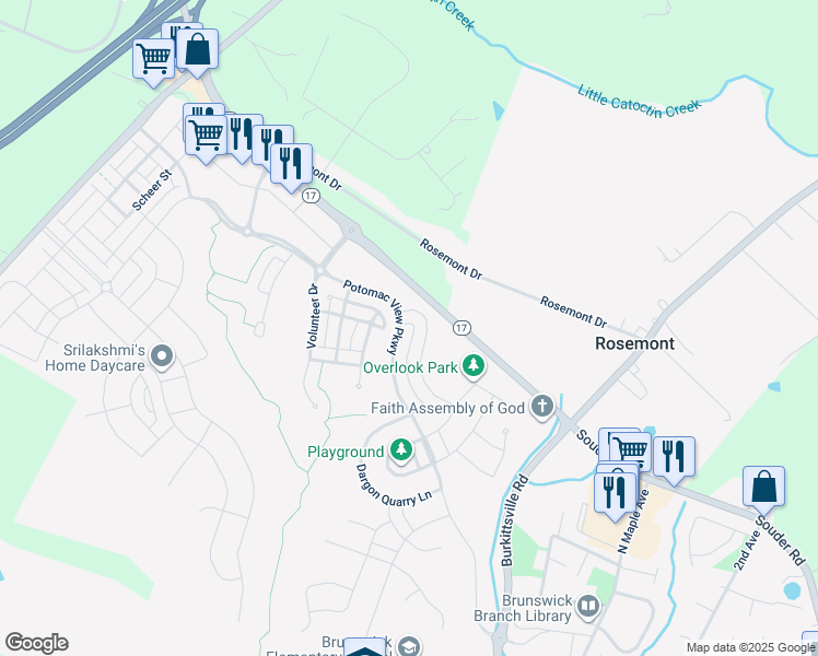 map of restaurants, bars, coffee shops, grocery stores, and more near 733 Potomac View Parkway in Brunswick
