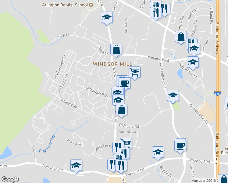 map of restaurants, bars, coffee shops, grocery stores, and more near 2630 Camberwell Court in Milford Mill
