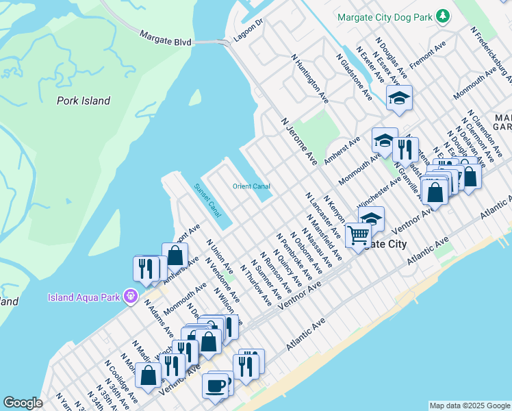 map of restaurants, bars, coffee shops, grocery stores, and more near 305 North Pembroke Avenue in Margate City