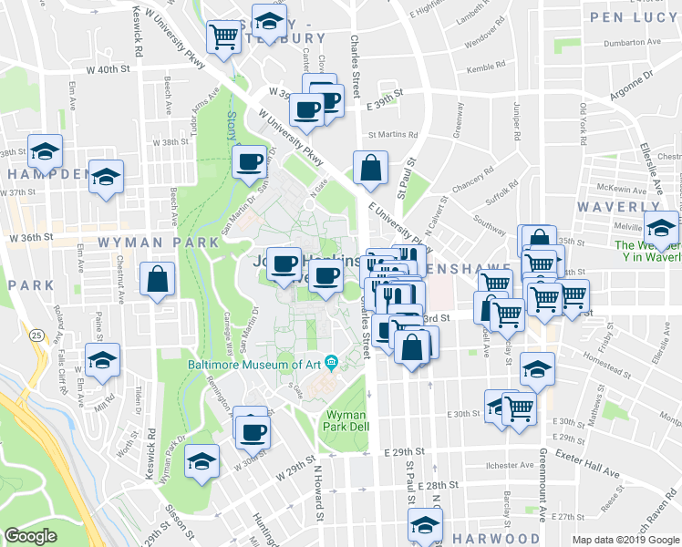 map of restaurants, bars, coffee shops, grocery stores, and more near 3400 North Charles Street in Baltimore