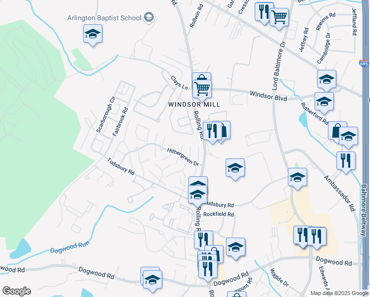 map of restaurants, bars, coffee shops, grocery stores, and more near 2610 Camberwell Court in Milford Mill