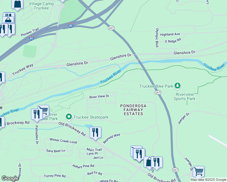 map of restaurants, bars, coffee shops, grocery stores, and more near 10986 River Loop in Truckee