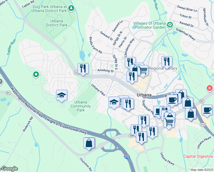 map of restaurants, bars, coffee shops, grocery stores, and more near 3547 Katherine Way in Frederick