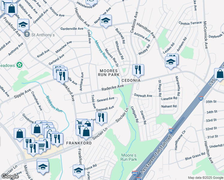 map of restaurants, bars, coffee shops, grocery stores, and more near 5703 Radecke Avenue in Baltimore