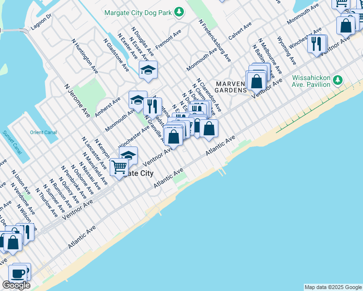 map of restaurants, bars, coffee shops, grocery stores, and more near 8000 Ventnor Avenue in Margate City