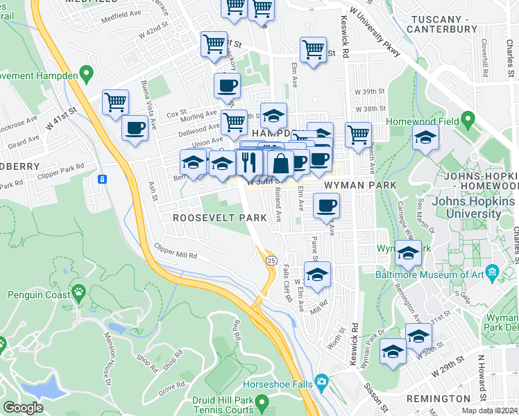 map of restaurants, bars, coffee shops, grocery stores, and more near 3452 Hickory Avenue in Baltimore