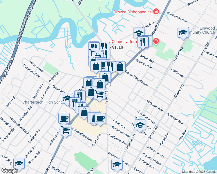 map of restaurants, bars, coffee shops, grocery stores, and more near 100 New Road in Somers Point