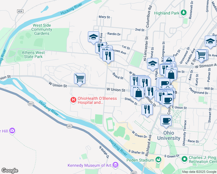 map of restaurants, bars, coffee shops, grocery stores, and more near 11 Coulson Street in Athens