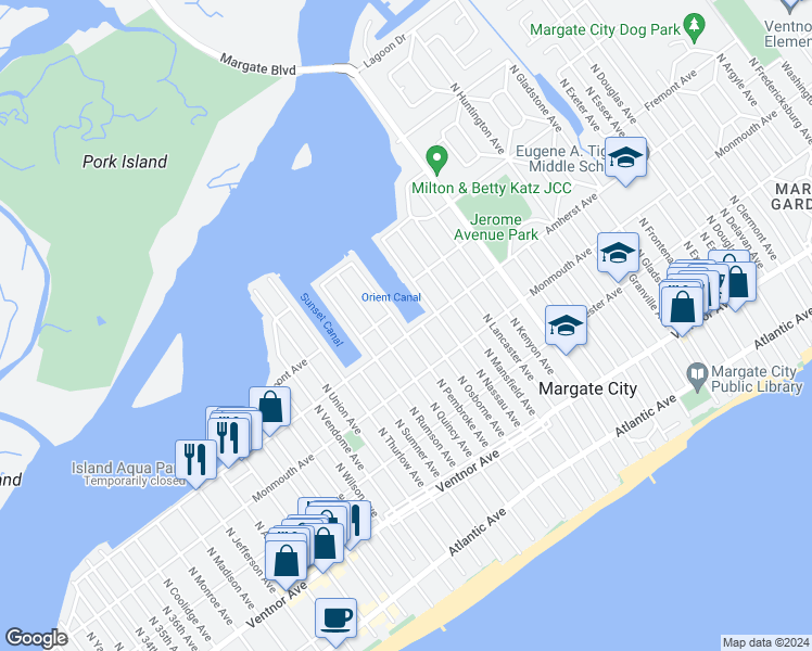 map of restaurants, bars, coffee shops, grocery stores, and more near 301 North Pembroke Avenue in Margate City