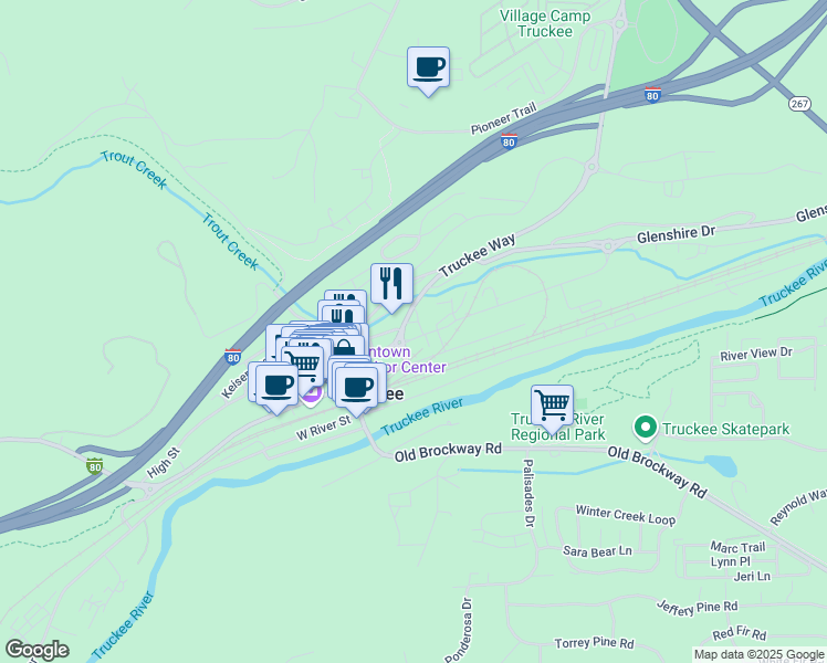 map of restaurants, bars, coffee shops, grocery stores, and more near 10160 Church Street in Truckee