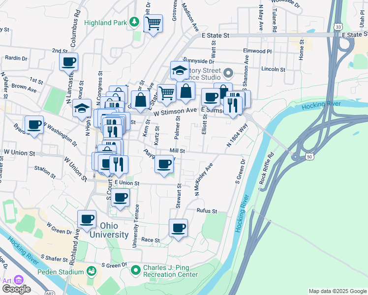 map of restaurants, bars, coffee shops, grocery stores, and more near 140 Mill Street in Athens