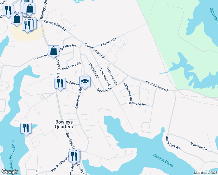 map of restaurants, bars, coffee shops, grocery stores, and more near 528 Nollmeyer Road in Middle River