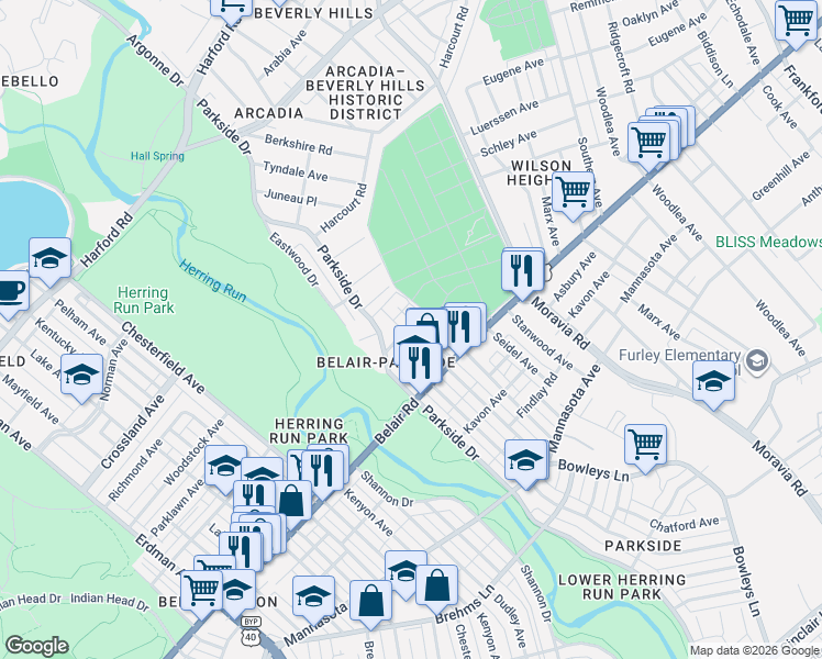 map of restaurants, bars, coffee shops, grocery stores, and more near 4103 Eierman Avenue in Baltimore