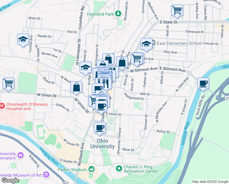 map of restaurants, bars, coffee shops, grocery stores, and more near North College Street in Athens