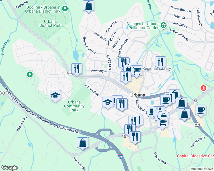 map of restaurants, bars, coffee shops, grocery stores, and more near 3565 Sprigg Street South in Frederick