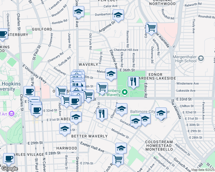 map of restaurants, bars, coffee shops, grocery stores, and more near 800 East 34th Street in Baltimore