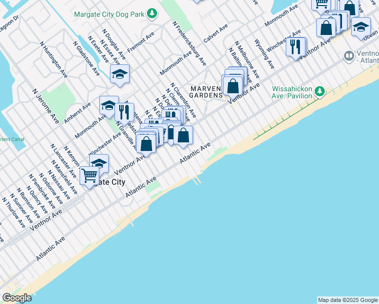 map of restaurants, bars, coffee shops, grocery stores, and more near 65 South Douglas Avenue in Margate City