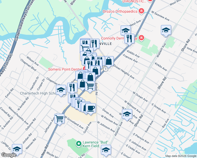 map of restaurants, bars, coffee shops, grocery stores, and more near 100 New Road in Somers Point
