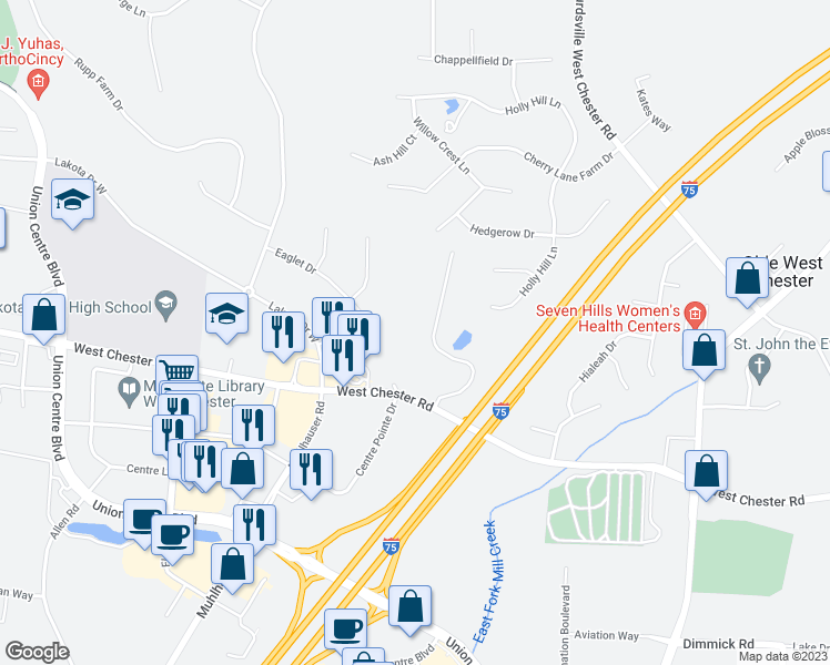 map of restaurants, bars, coffee shops, grocery stores, and more near 8903 Eagleview Drive in Beckett Ridge