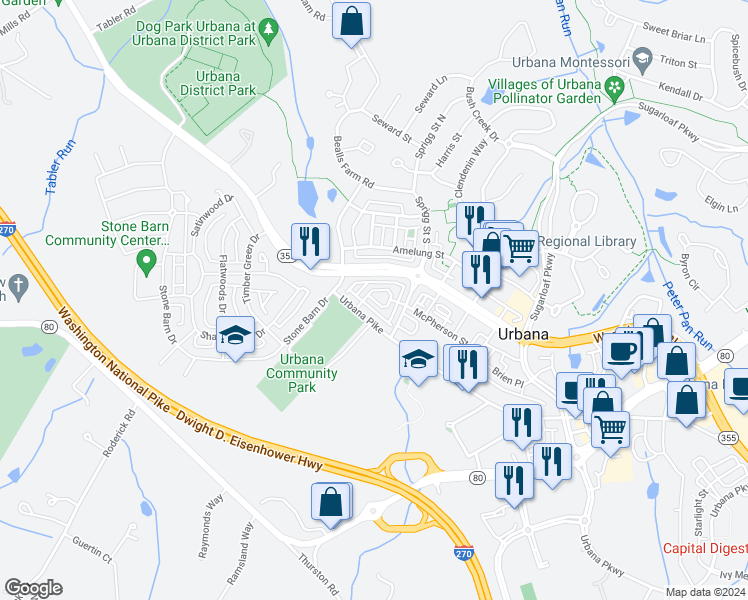 map of restaurants, bars, coffee shops, grocery stores, and more near Katherine Way in Frederick
