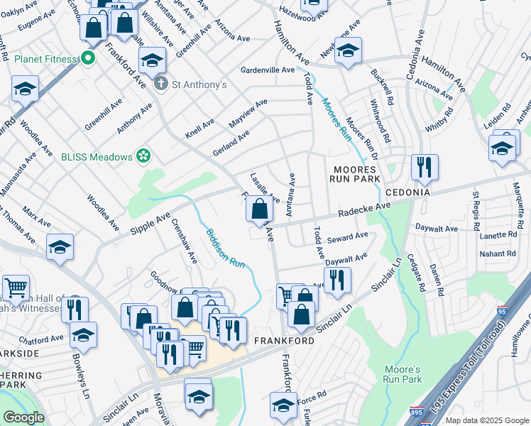 map of restaurants, bars, coffee shops, grocery stores, and more near 4930 Frankford Avenue in Baltimore