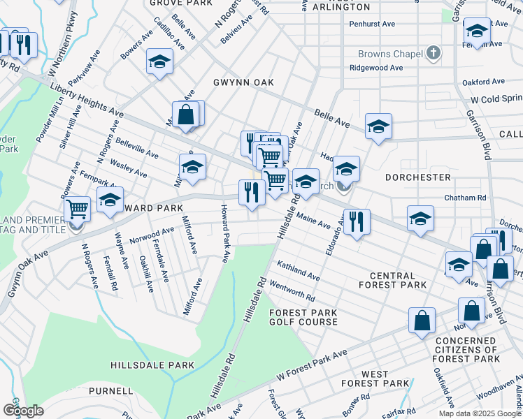 map of restaurants, bars, coffee shops, grocery stores, and more near 3405 Woodbine Avenue in Baltimore