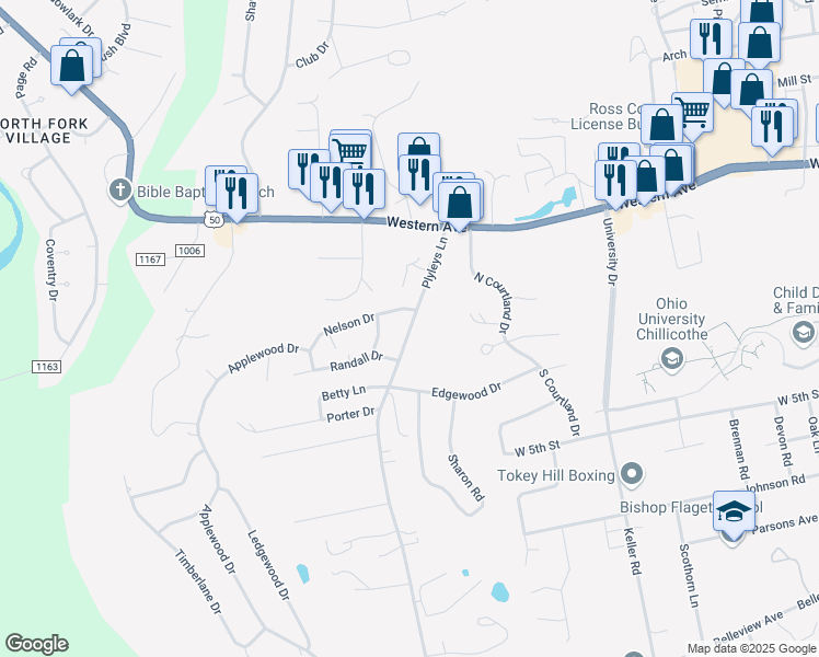 map of restaurants, bars, coffee shops, grocery stores, and more near 174 Plyleys Lane in Chillicothe