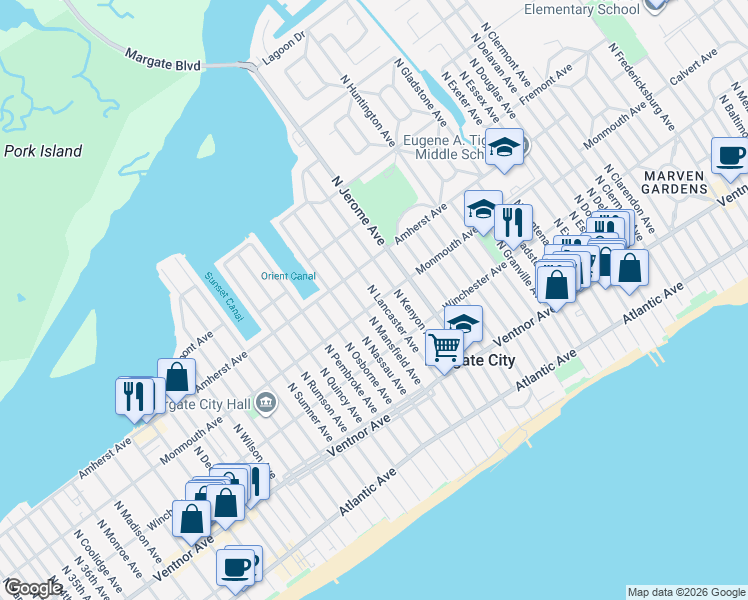 map of restaurants, bars, coffee shops, grocery stores, and more near 207 North Mansfield Avenue in Margate City