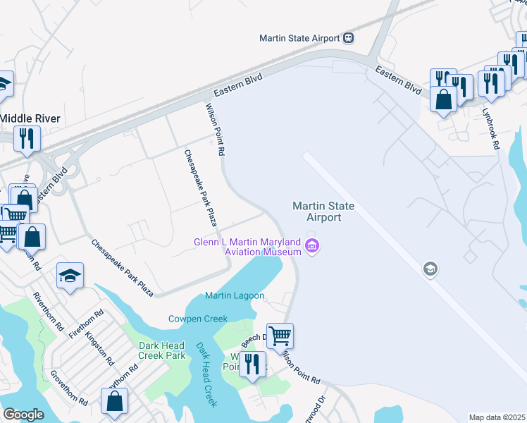 map of restaurants, bars, coffee shops, grocery stores, and more near 798 Wilson Point Road in Middle River