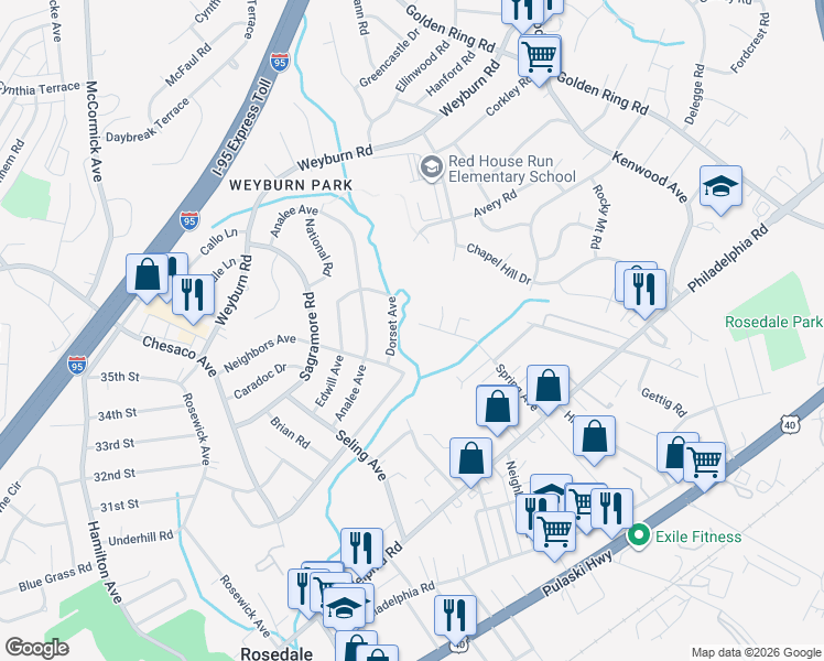 map of restaurants, bars, coffee shops, grocery stores, and more near 1423 Spring Avenue in Rosedale