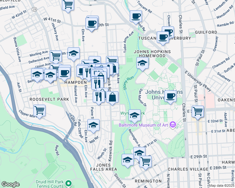 map of restaurants, bars, coffee shops, grocery stores, and more near 3500 Beech Avenue in Baltimore