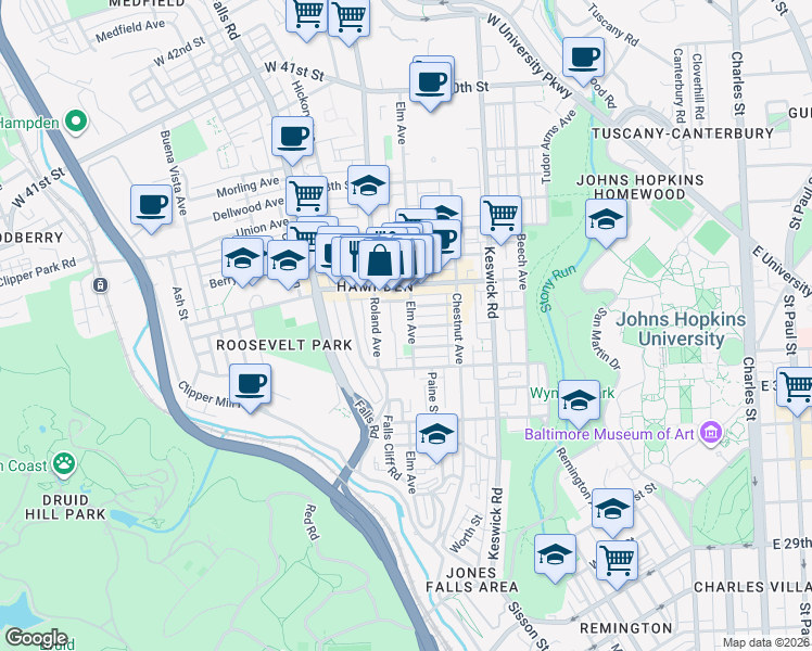 map of restaurants, bars, coffee shops, grocery stores, and more near 3452 Elm Avenue in Baltimore