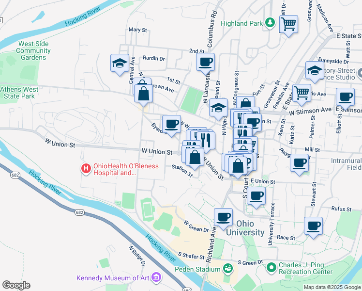 map of restaurants, bars, coffee shops, grocery stores, and more near 46 Smith Street in Athens