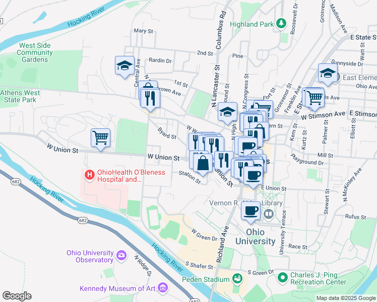 map of restaurants, bars, coffee shops, grocery stores, and more near 46 Smith Street in Athens