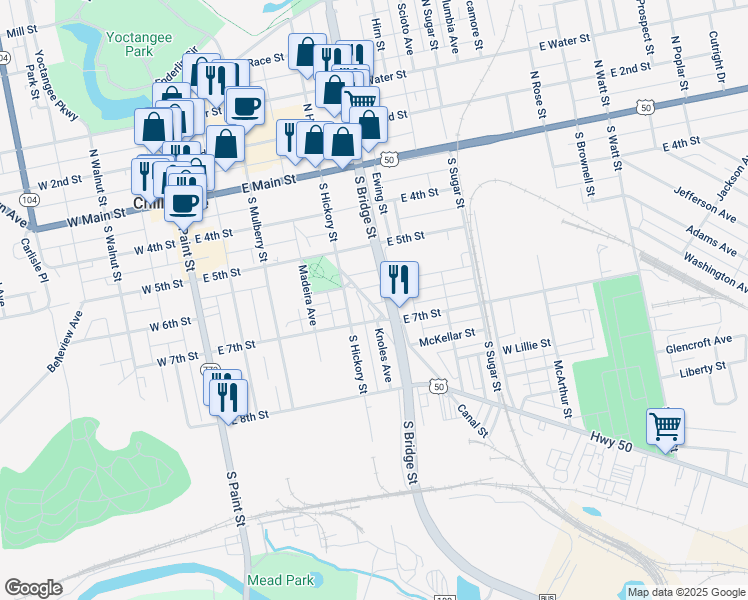 map of restaurants, bars, coffee shops, grocery stores, and more near 191 Old Eastern Avenue in Chillicothe