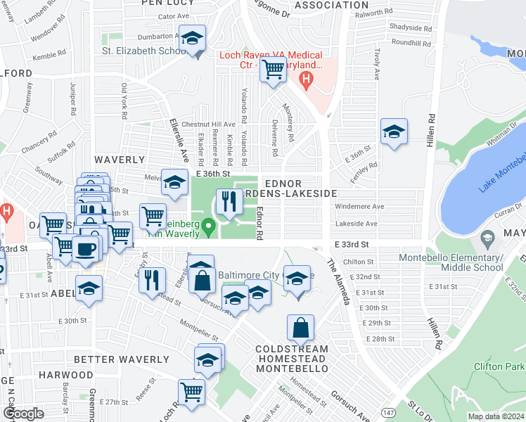 map of restaurants, bars, coffee shops, grocery stores, and more near 1201 Windemere Avenue in Baltimore