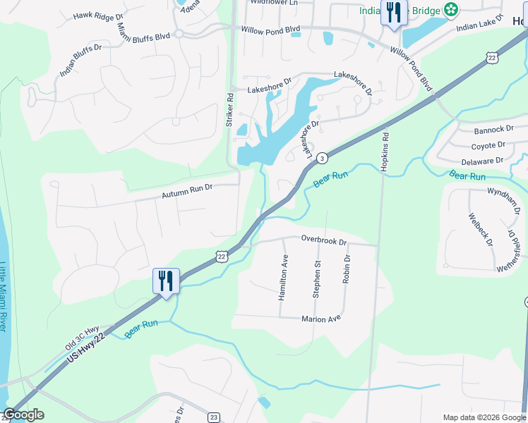 map of restaurants, bars, coffee shops, grocery stores, and more near 986 U.S. 22 in Maineville