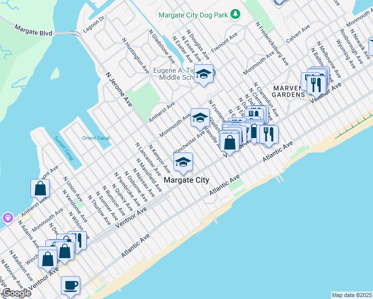 map of restaurants, bars, coffee shops, grocery stores, and more near 27 North Iroquois Avenue in Margate City