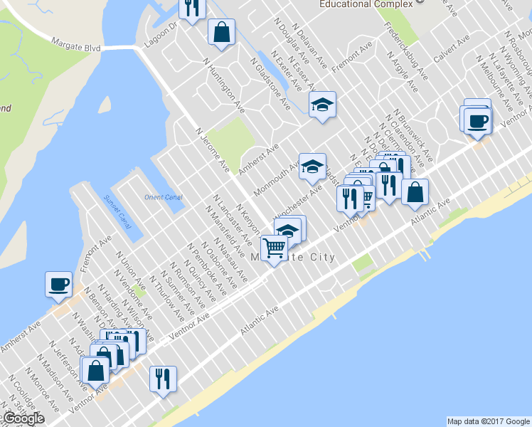 map of restaurants, bars, coffee shops, grocery stores, and more near 105 North Jerome Avenue in Margate City