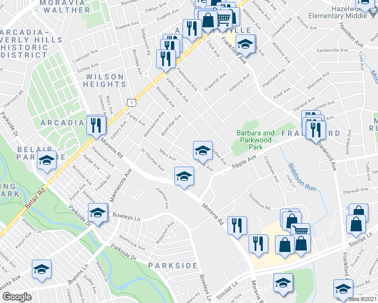map of restaurants, bars, coffee shops, grocery stores, and more near 4516 Furley Avenue in Baltimore