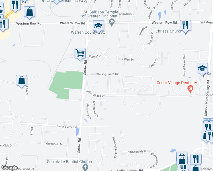 map of restaurants, bars, coffee shops, grocery stores, and more near 7481 Placid Lake Drive in Mason